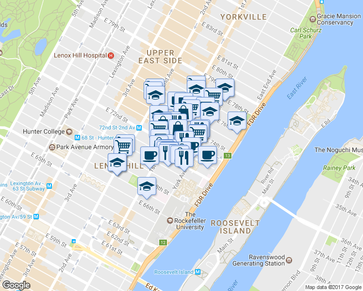 map of restaurants, bars, coffee shops, grocery stores, and more near 1334 York Avenue in New York