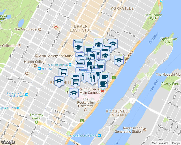 map of restaurants, bars, coffee shops, grocery stores, and more near 1334 York Avenue in New York