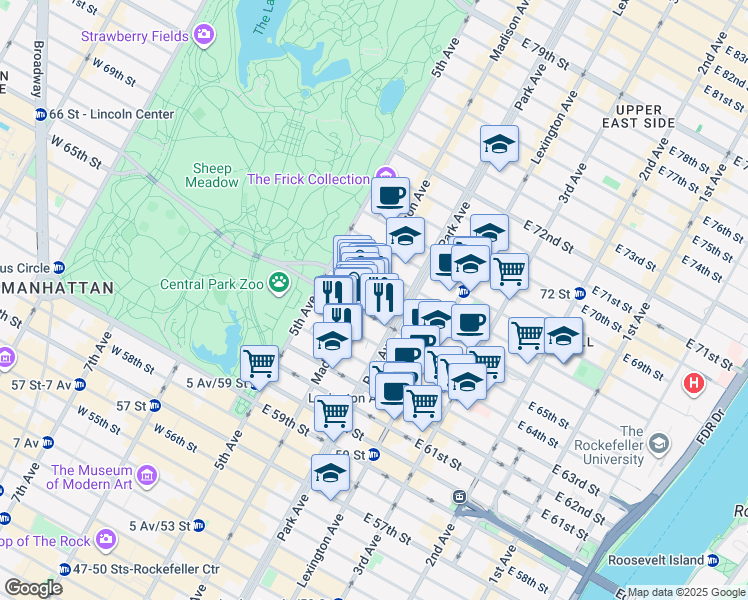 map of restaurants, bars, coffee shops, grocery stores, and more near 42A East 65th Street in New York