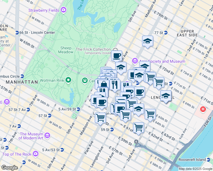map of restaurants, bars, coffee shops, grocery stores, and more near 42A East 65th Street in New York