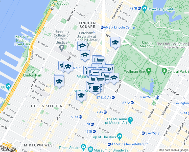 map of restaurants, bars, coffee shops, grocery stores, and more near Columbus Circle in New York