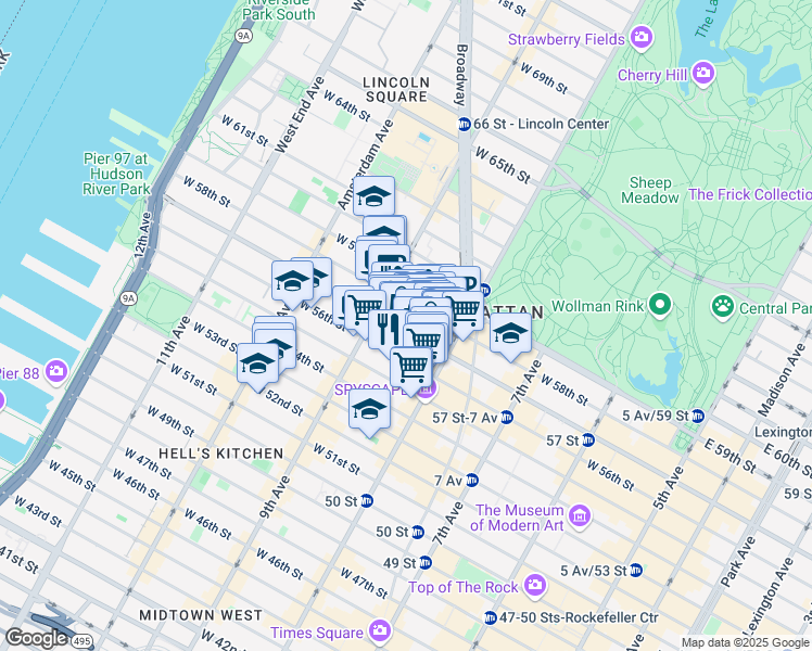 map of restaurants, bars, coffee shops, grocery stores, and more near 330 West 55th Street in New York