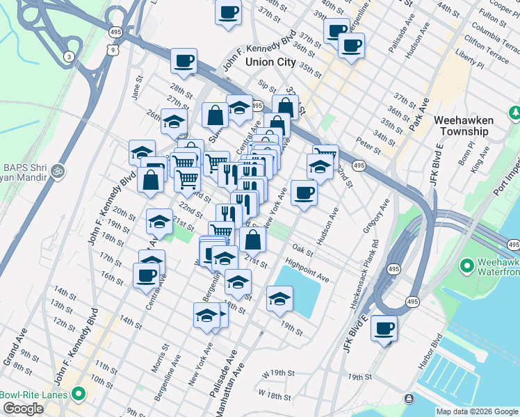 map of restaurants, bars, coffee shops, grocery stores, and more near in Union City