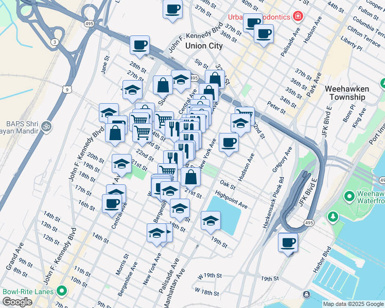 map of restaurants, bars, coffee shops, grocery stores, and more near in Union City