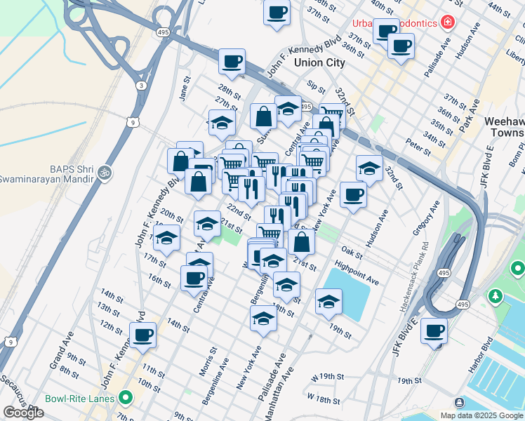 map of restaurants, bars, coffee shops, grocery stores, and more near 522 22nd Street in Union City
