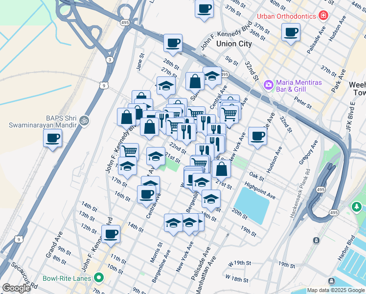 map of restaurants, bars, coffee shops, grocery stores, and more near 619 22nd Street in Union City