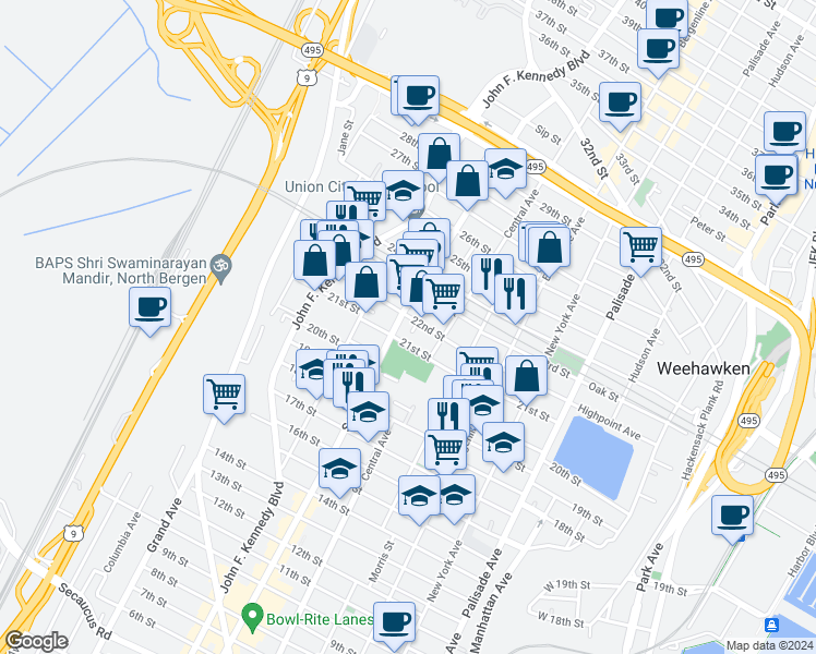 map of restaurants, bars, coffee shops, grocery stores, and more near 716 21st Street in Union City