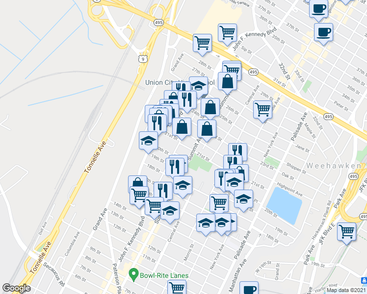 map of restaurants, bars, coffee shops, grocery stores, and more near 808 20th Street in Union City