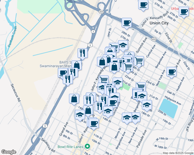 map of restaurants, bars, coffee shops, grocery stores, and more near 1814 John F. Kennedy Boulevard in Union City