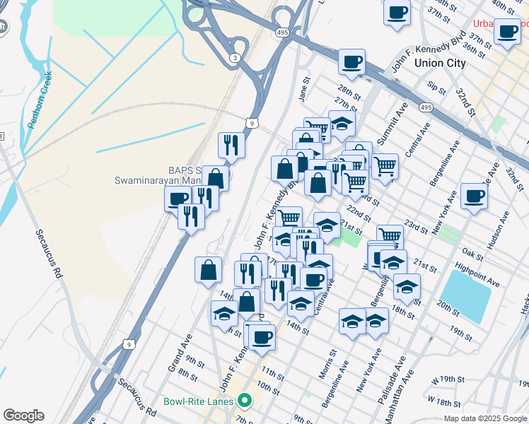 map of restaurants, bars, coffee shops, grocery stores, and more near 1814 John F. Kennedy Boulevard in Union City