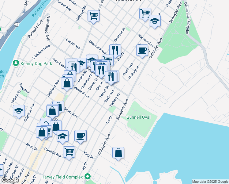 map of restaurants, bars, coffee shops, grocery stores, and more near 432 Davis Avenue in Kearny