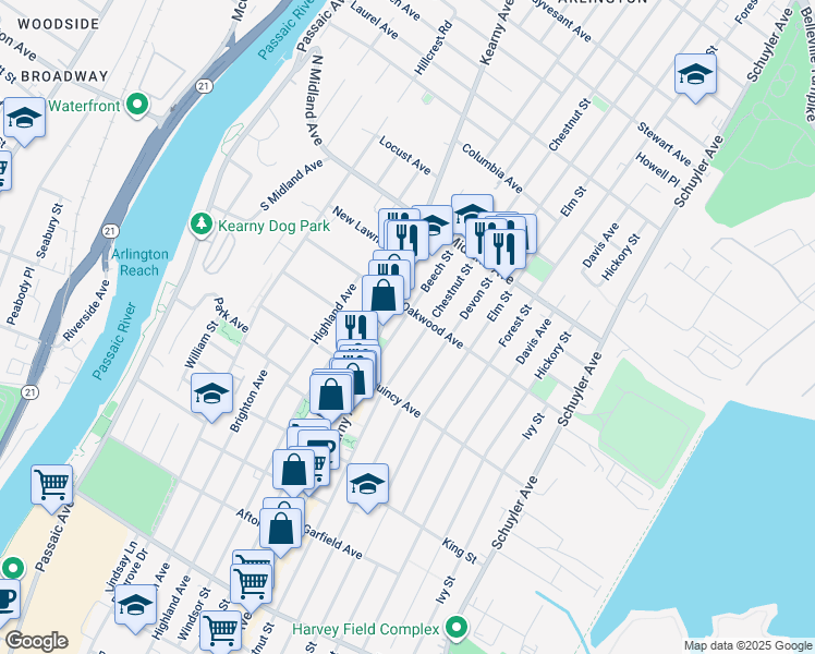 map of restaurants, bars, coffee shops, grocery stores, and more near 470 Chestnut Street in Kearny