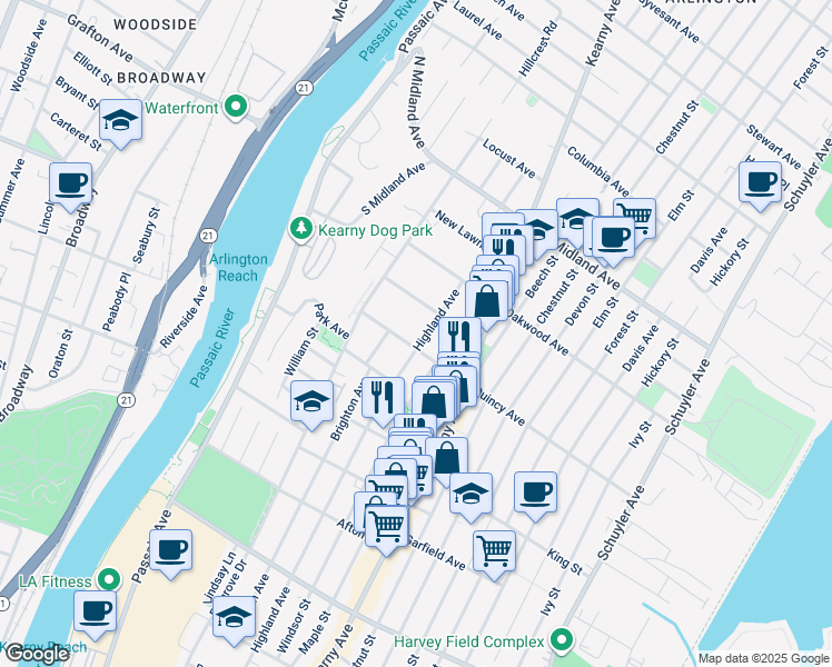 map of restaurants, bars, coffee shops, grocery stores, and more near 54 Quincy Avenue in Kearny