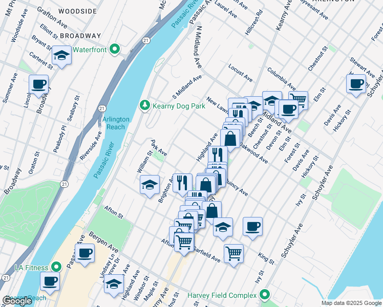 map of restaurants, bars, coffee shops, grocery stores, and more near 54 Quincy Avenue in Kearny
