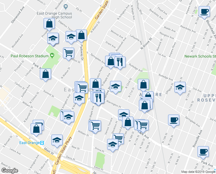 map of restaurants, bars, coffee shops, grocery stores, and more near 206 4th Avenue in East Orange