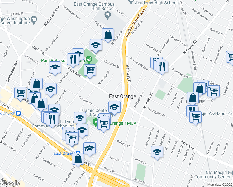 map of restaurants, bars, coffee shops, grocery stores, and more near in East Orange