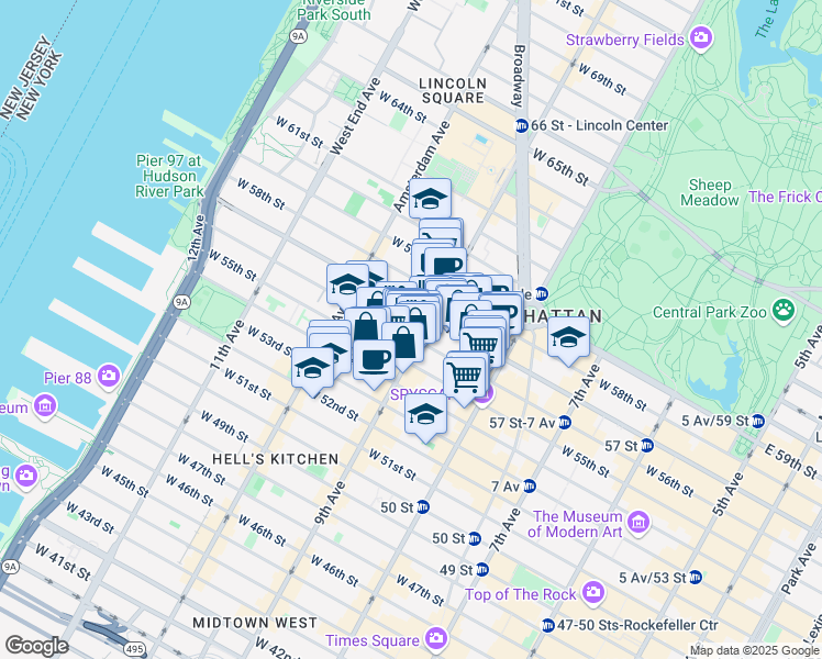 map of restaurants, bars, coffee shops, grocery stores, and more near 401 West 56th Street in New York