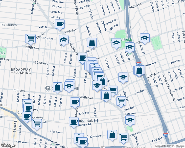 map of restaurants, bars, coffee shops, grocery stores, and more near 190-17 33rd Avenue in Queens