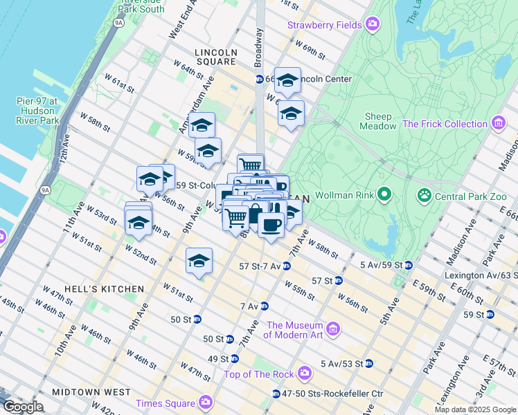 map of restaurants, bars, coffee shops, grocery stores, and more near 1677 8th Avenue in New York