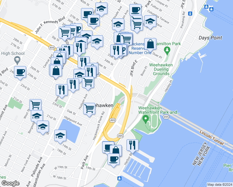 map of restaurants, bars, coffee shops, grocery stores, and more near 400 Park Avenue in Weehawken