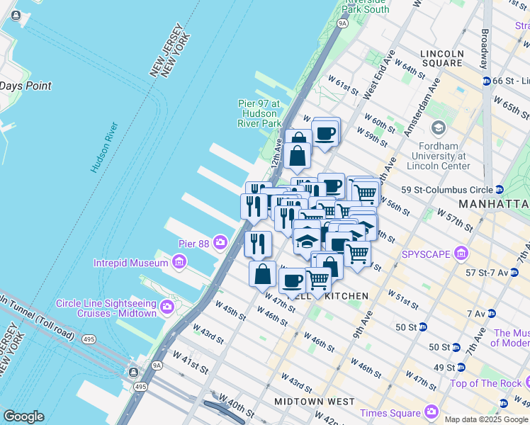 map of restaurants, bars, coffee shops, grocery stores, and more near 609 West 51st Street in New York