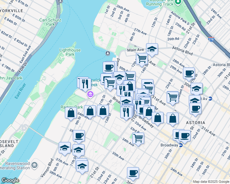 map of restaurants, bars, coffee shops, grocery stores, and more near 11-25 Broadway in Queens