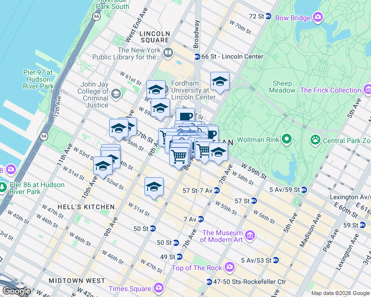 map of restaurants, bars, coffee shops, grocery stores, and more near 1515 8th Avenue in New York