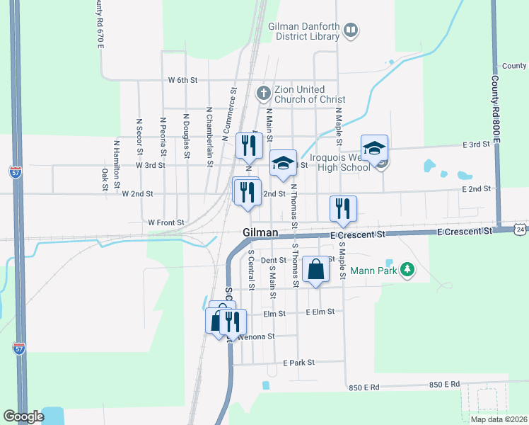 map of restaurants, bars, coffee shops, grocery stores, and more near 107 North Main Street in Gilman