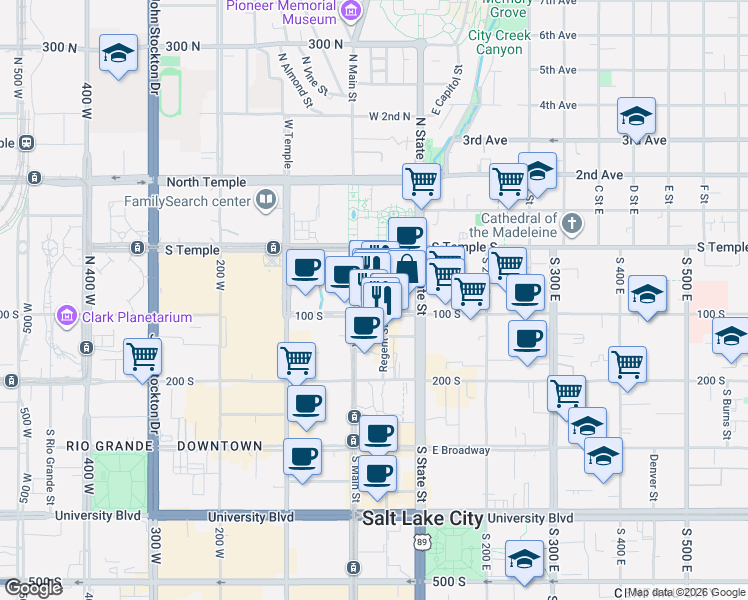 map of restaurants, bars, coffee shops, grocery stores, and more near 40 East 100 South in Salt Lake City