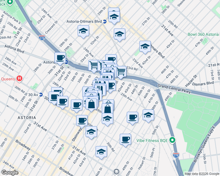 map of restaurants, bars, coffee shops, grocery stores, and more near 25-23 41st Street in Queens