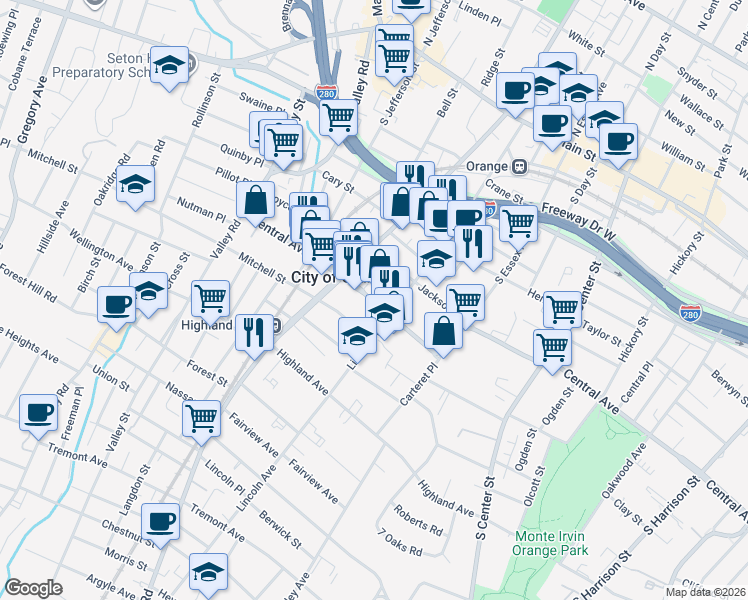 map of restaurants, bars, coffee shops, grocery stores, and more near 285 Lincoln Avenue in City of Orange