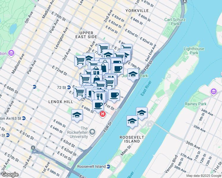 map of restaurants, bars, coffee shops, grocery stores, and more near 1372 York Avenue in New York