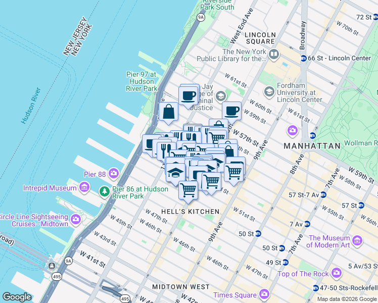 map of restaurants, bars, coffee shops, grocery stores, and more near 550 West 54th Street in New York