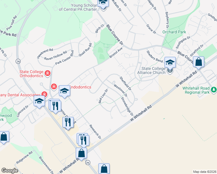 map of restaurants, bars, coffee shops, grocery stores, and more near 3067 Stonebridge Drive in State College