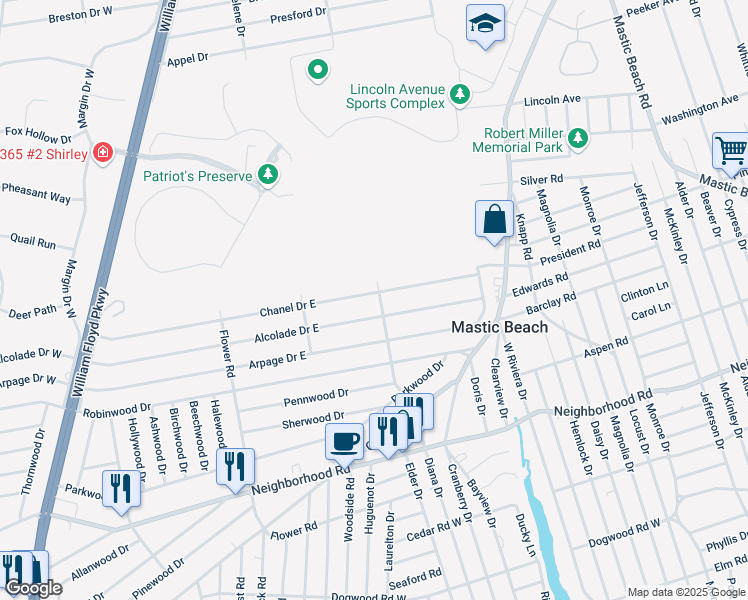 map of restaurants, bars, coffee shops, grocery stores, and more near 110 Alcolade Drive East in Shirley