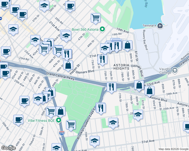 map of restaurants, bars, coffee shops, grocery stores, and more near 22-41 73rd Street in Queens