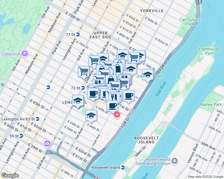 map of restaurants, bars, coffee shops, grocery stores, and more near 1334 York Avenue in New York