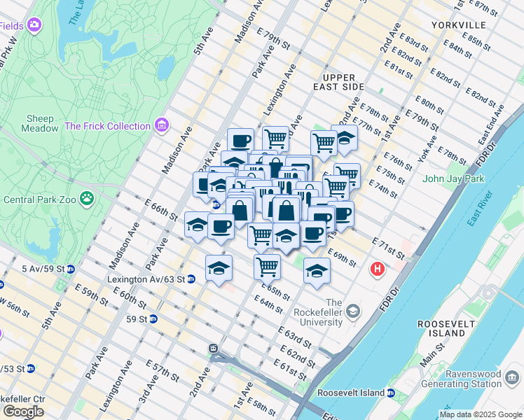 map of restaurants, bars, coffee shops, grocery stores, and more near 233 East 69th Street in New York