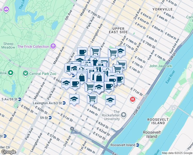 map of restaurants, bars, coffee shops, grocery stores, and more near 226 East 70th Street in New York
