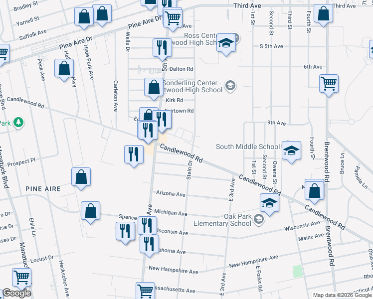 map of restaurants, bars, coffee shops, grocery stores, and more near 26 Abingdon Avenue in Bay Shore