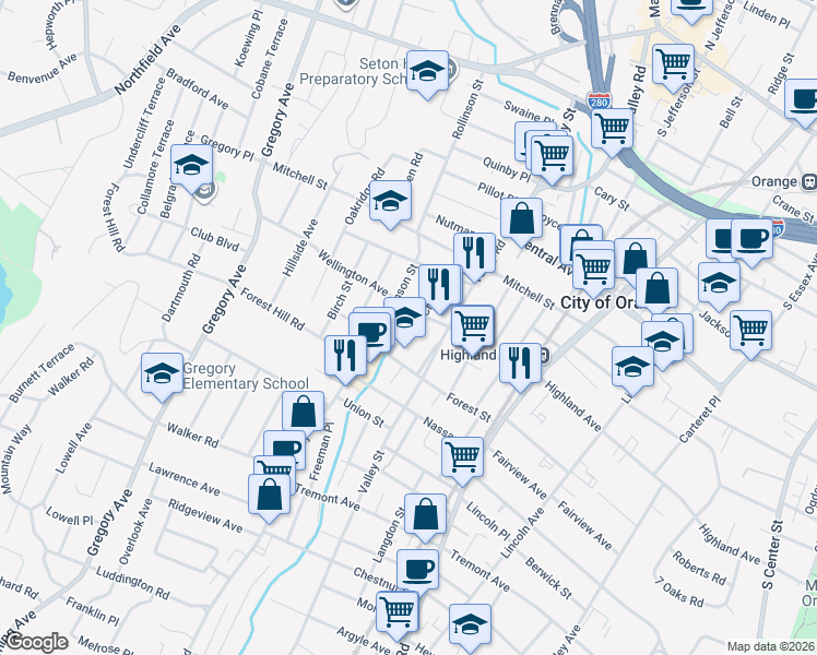 map of restaurants, bars, coffee shops, grocery stores, and more near 425 Valley Street in City of Orange