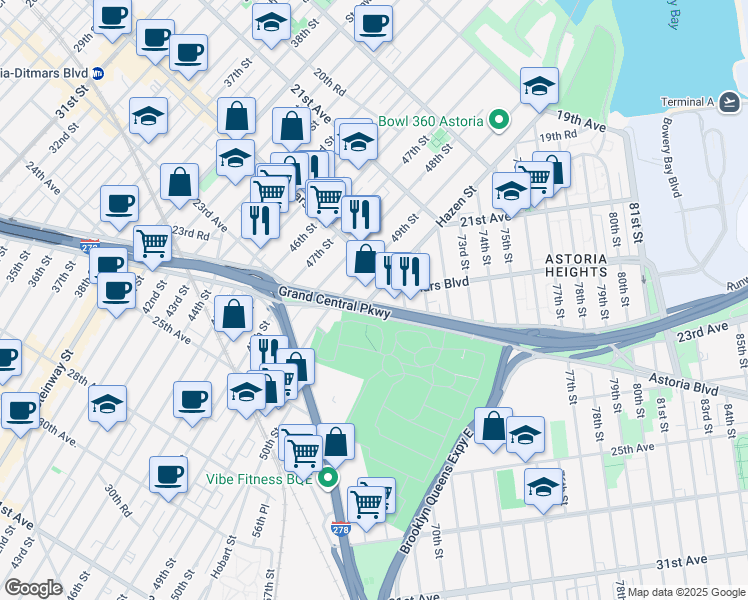 map of restaurants, bars, coffee shops, grocery stores, and more near 49-23 Astoria Boulevard South in Queens