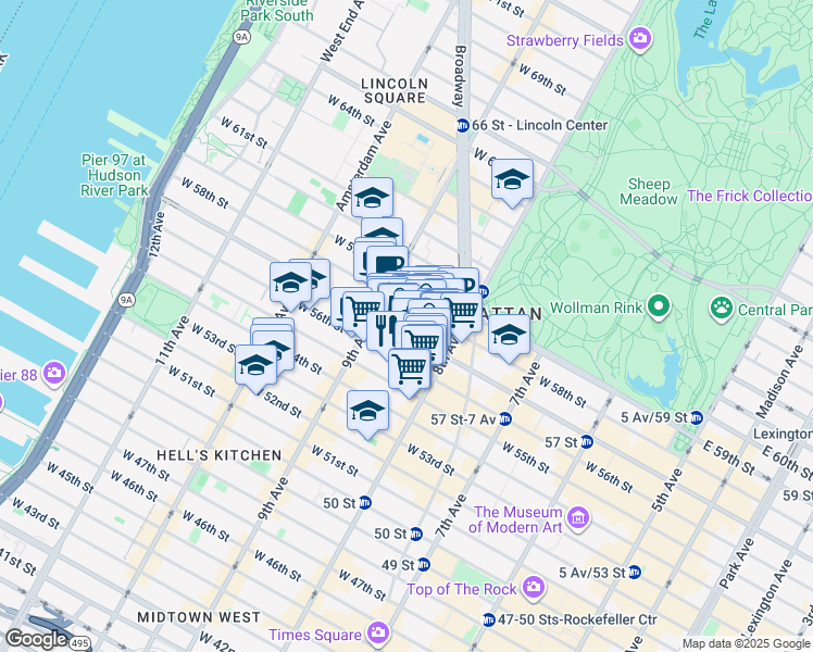 map of restaurants, bars, coffee shops, grocery stores, and more near 330 West 55th Street in New York