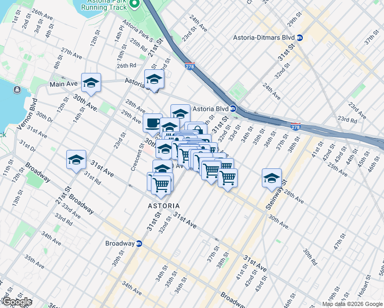 map of restaurants, bars, coffee shops, grocery stores, and more near 30-32 30th Avenue in Queens