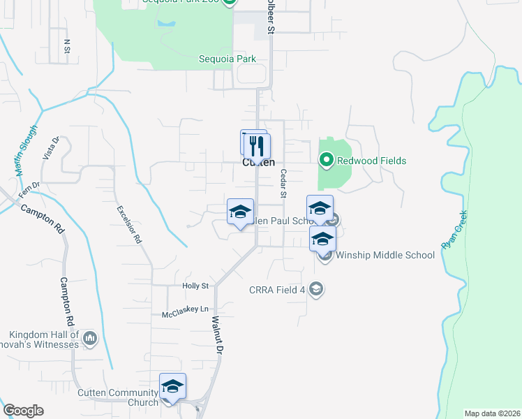 map of restaurants, bars, coffee shops, grocery stores, and more near 4140 Walnut Drive in Eureka