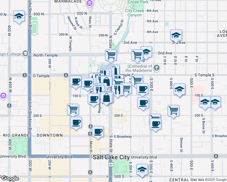 map of restaurants, bars, coffee shops, grocery stores, and more near 110 State Street in Salt Lake City