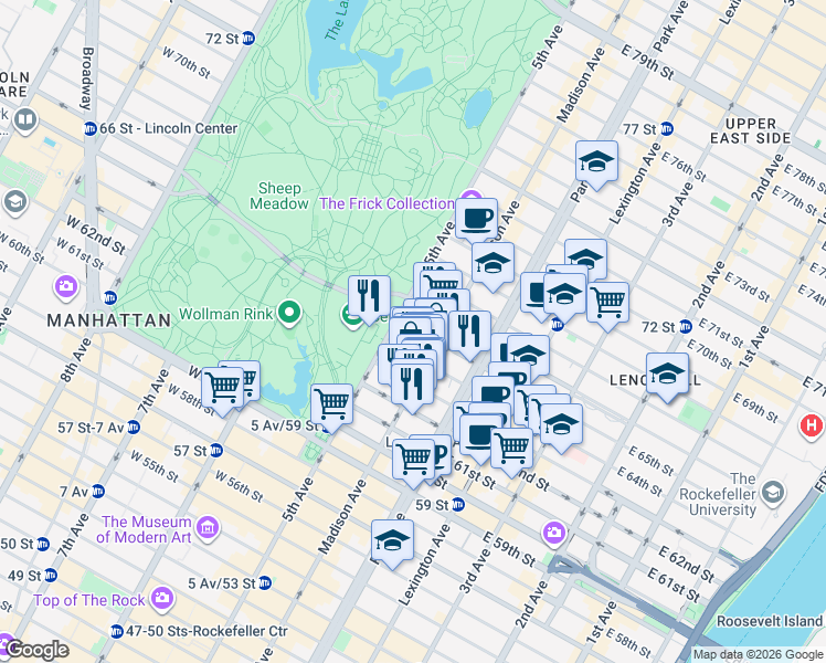 map of restaurants, bars, coffee shops, grocery stores, and more near 17 East 64th Street in New York