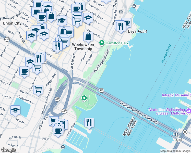 map of restaurants, bars, coffee shops, grocery stores, and more near 150 Henley Place in Weehawken