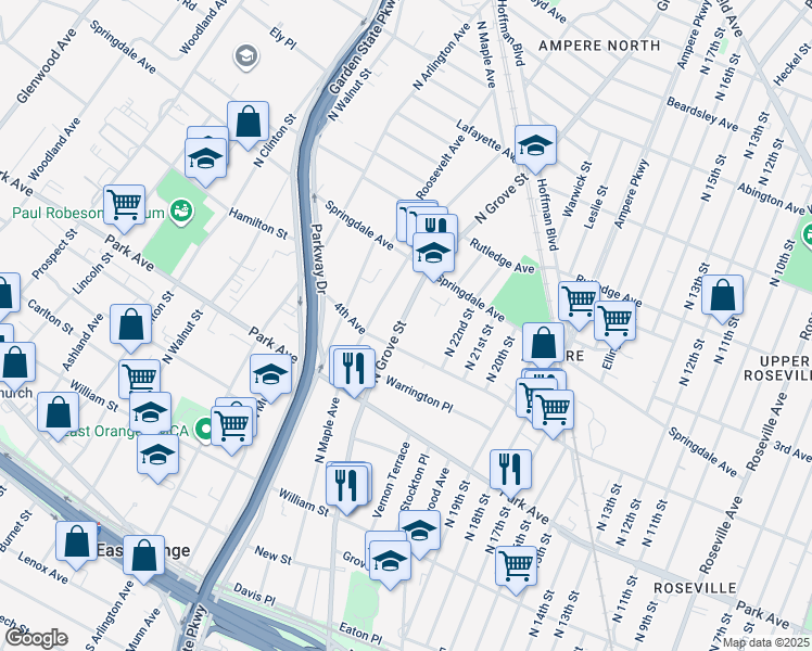 map of restaurants, bars, coffee shops, grocery stores, and more near 206 4th Avenue in East Orange