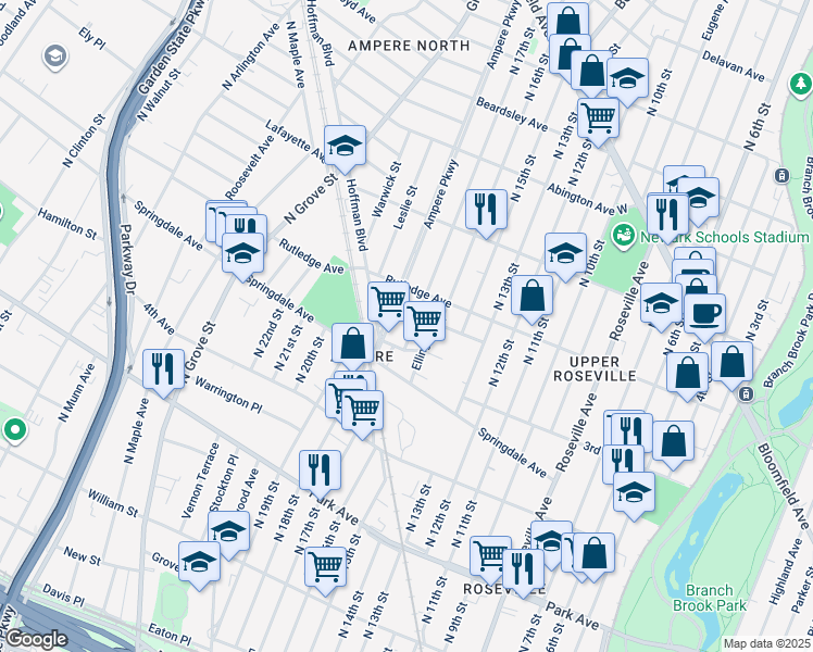 map of restaurants, bars, coffee shops, grocery stores, and more near 28 Ellington Street in East Orange